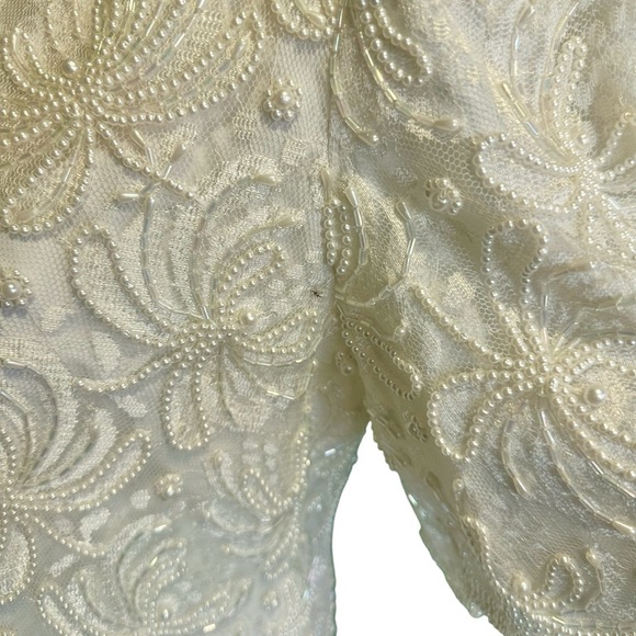 Laurence Kazar Vintage Ivory Pearl Beaded Scalloped Trim Short Sleeve Blouse MP - Picture 12 of 16